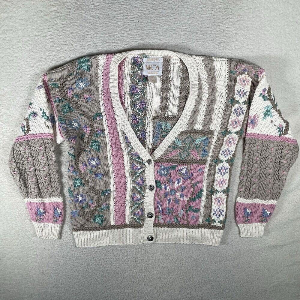 Vintage Ninon de Lenclos Womens Medium Cardigan Sweater Cottage Core Vines